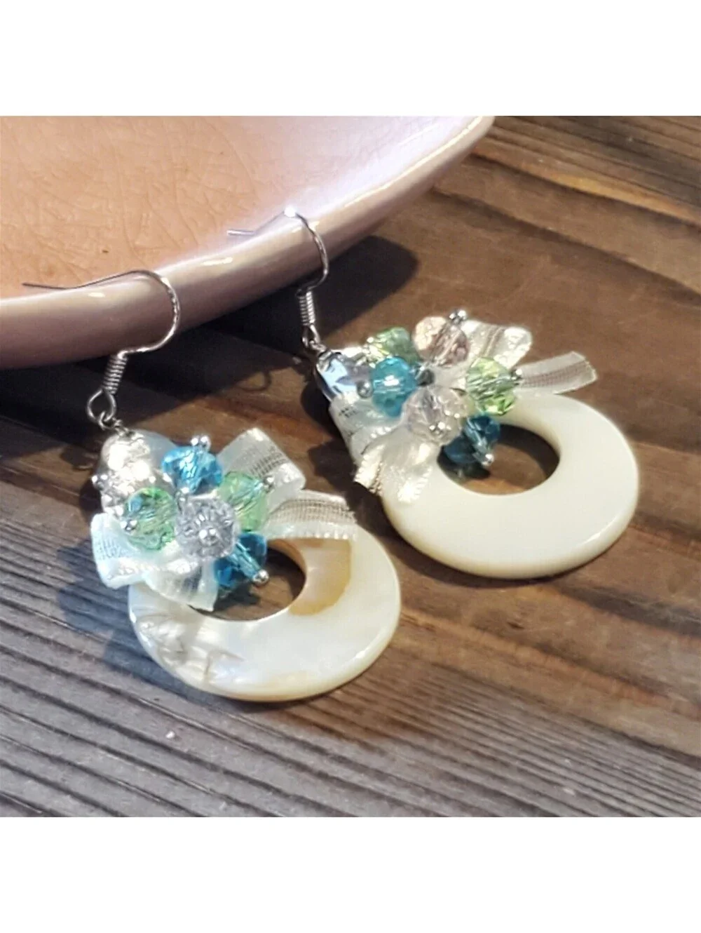 Handcrafted Retro Pearl Shell Czech Crystal White Satin Bows Dangle Earrings